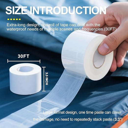 TIANLDD Waterproof Repair Tape for Fabric,RV Awning,Boat Covers,Tents,Tarp,Heavy Duty Outdoor Repair Patch - 3.3IN x 30FT（Transparent）