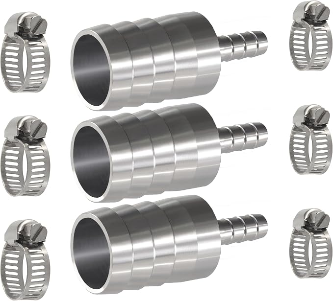 Stainless Steel Hose Barb Reducer 1" (25mm) to 5/16" (8mm) | with stainless steel hose clamps; suitable for pipe, fuel and air line repair, reducing connections and hose splicing 3-Pack