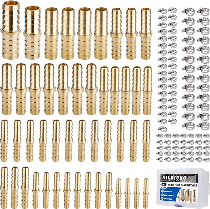 48PCS Brass Hose Barb Splicer Mender Fittings with Pipe Clamp | 1/8" 3/16" 1/4" 5/16" 3/8" 1/2" 5/8" 3/4" Barbed Fitting with 96Pcs Stainless Steel Hose Clamps for Air/Fuel/Water/Oil Hose