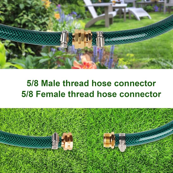 Biswing Garden Hose Repair Connector with Clamps, 5/8" Barb x 3/4" GHT Thread Aluminum Water Hose Pipe Repair Kit, Female and Male Hose Connectors with Stainless Steel Clamp, 2 Pack