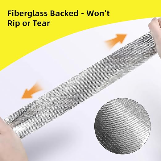 2 Inch x 65 Ft Fiberglass Reinforced Aluminum Foil Tape, 6 Mil Heavy Duty Heat Resistant to 500°F Waterproof for HVAC Ducts, Dryer Vents, Furnace Connections, Exhaust & Pipe Insulation