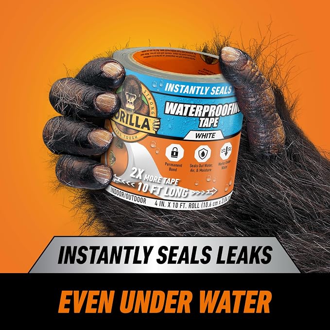 GORILLA Waterproofing Tape, Permanent Seal, White, 4" x 10', 4-Pack | Weather Resistant Seal for Leaks & Repairs, UV-Resistant Backing, Bonds Vinyl, Plastic & Rubber, Indoor & Outdoor
